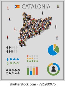 Large group of people in Catalonia map with infographics elements. Catalonia map with chart, statistic and visualization templates. Background for presentation. Vector illustration