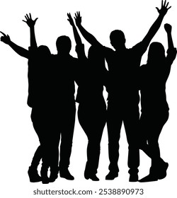 Large group of people celebrating events with arms raised standing against white background