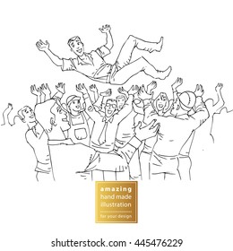 Large group of people celebrating. Team building game - the expression of love and respect: shaking, throw up hands.  Line art cartoon vector background. Black and white illustration. 