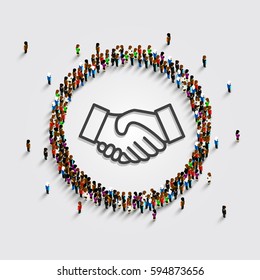 A large group of people in a circle with a sign of a handshake. Vector illustration