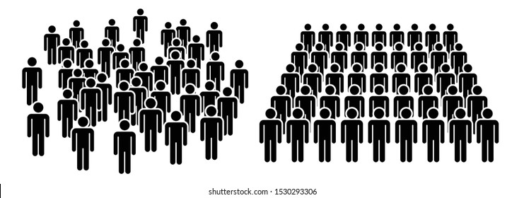 Large group of people. Concept of People Figure Pictogram Icons. Crowd signs. People standing in organized and disorganized groups.