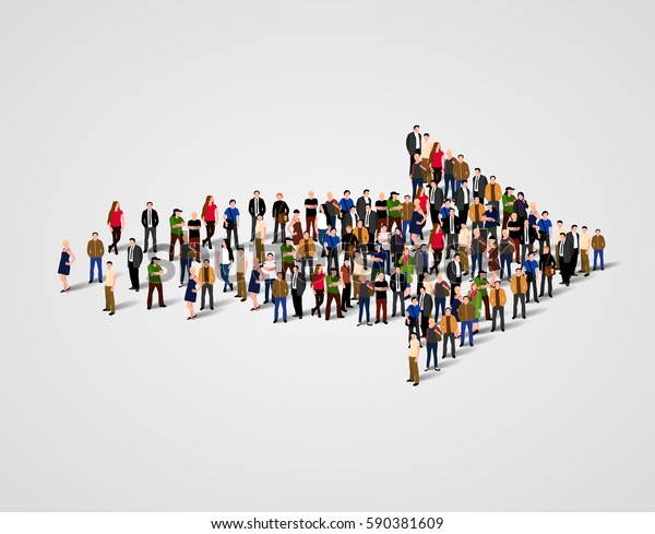 Large group of people\
crowded in arrow symbol. Way to success business concept. Vector\
illustration