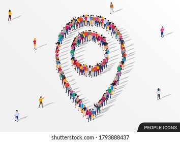 Large group of people crowded in form of map pointer. Vector illustration