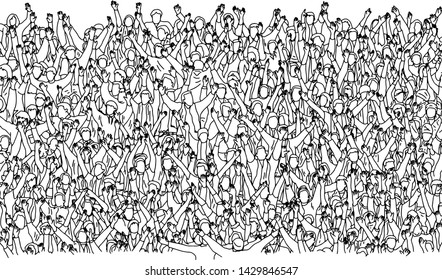 large group of people crowded on stadium raising hands to cheer vector illustration sketch doodle hand drawn with black lines isolated on white background