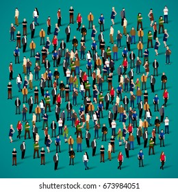 Large group of people crowded on green background. Vector illustration.