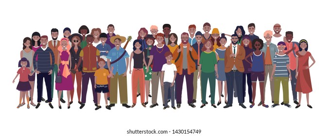 Large group of people of different nationality, ethnicity and age isolated on white background. Children, adults and teenagers stand together. Vector illustration 