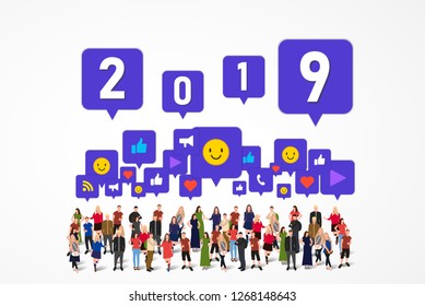 Large group of people with different signs: 2019, like, thumb up, phone call, heart, play, wifi, share. Happy new year. Social network concept. Vector illustration. 