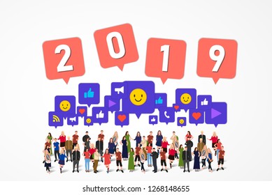 Large group of people with different signs: 2019, like, thumb up, phone call, heart, play, wifi, share. Happy new year. Social network concept. Vector illustration. 