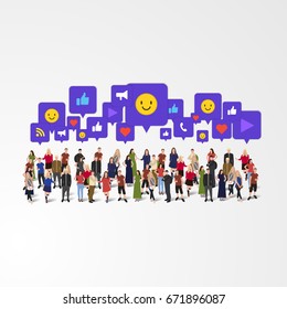 Large group of people with different signs: like, thumb up, phone call, heart, play, wifi, share. Social network concept. Vector illustration.