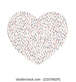 Large Group Of People Different Silhouette Crowded Together In Heart Shape Isolated On White Background. Vector Illustration