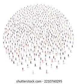 Large group of people different silhouette crowded together in round shape isolated on white background. Vector illustration