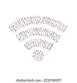 Large group of people different silhouette crowded together in wifi shape isolated on white background. Vector illustration