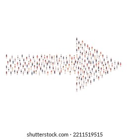 Large group of people different silhouette crowded together in arrow right direction shape isolated on white background. Vector illustration