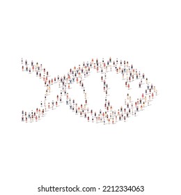 Large group of people different silhouette crowded together in fish shape isolated on white background. Vector illustration