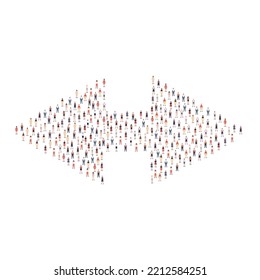 Large group of people different silhouette crowded together in arrow horizontal direction shape isolated on white background. Vector illustration