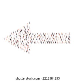 Large group of people different silhouette crowded together in arrow left direction shape isolated on white background. Vector illustration