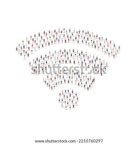 Large group of people different silhouette crowded together in wifi shape isolated on white background. Vector illustration