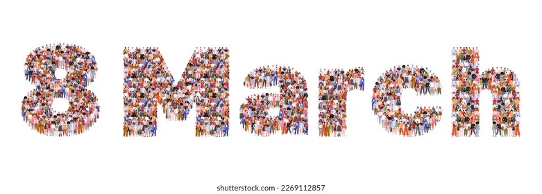 Large group of people in form of 8 March word. A crowd of male and female characters for web page, banner, presentation, social media. Flat vector illustration isolated on white background.