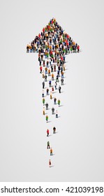 Gran grupo de personas en forma de flecha. Ilustración del vector