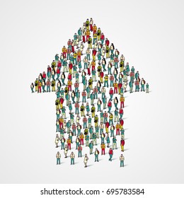 Large group of people in the form of arrow. Vector illustration