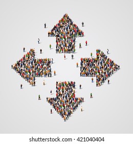 Large group of people in the form of arrows. Vector illustration.