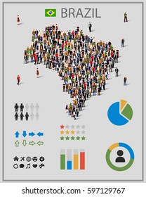 Large group of people in form of Brazil map with infographics elements. Brazil map with chart, statistic and visualization templates. Background for presentation. Vector illustration