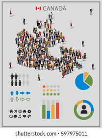 Large group of people in form of Canada map with infographics elements. Canada map with chart, statistic and visualization templates. Background for presentation. Vector illustration