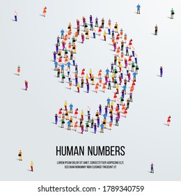 large group of people form to create number 9 or nine. people font or number. vector illustration of number 9.