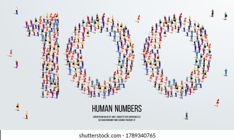 large group of people form to create number 100 or one hundred. people font or number. vector illustration of number 100.