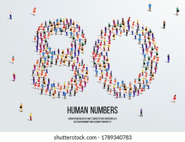large group of people form to create number 80 or eighty. people font or number. vector illustration of number 80.