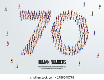 large group of people form to create number 70 or seventy. people font or number. vector illustration of number 70.