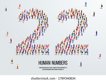 large group of people form to create number 22 or twenty two. people font or number. vector illustration of number 22.