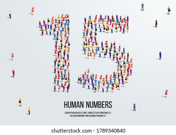 large group of people form to create number 15 or fifteen. people font or number. vector illustration of number 15.