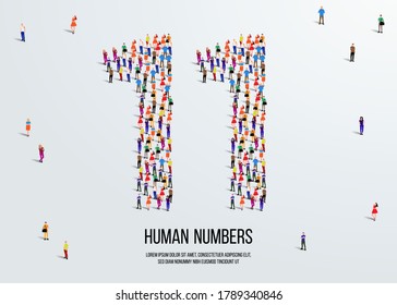 large group of people form to create number 11 or eleven. people font or number. vector illustration of number 11.