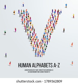 large group of people form to create capital letter V. clean vector people alphabet or people font. letter or alphabet V.