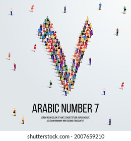 large group of people form to create the number 7 or Seven in Arabic. People font or Number. Vector illustration of Arabic number 7.