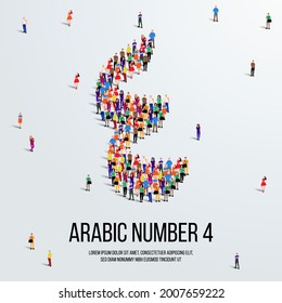 large group of people form to create the number 4 or Four in Arabic. People font or Number. Vector illustration of Arabic number 4.