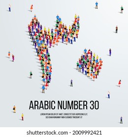 large group of people form to create the number 30 or Thirty in Arabic. People font or Number. Vector illustration of Arabic number 30.