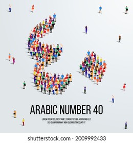 large group of people form to create the number 40 or Forty in Arabic. People font or Number. Vector illustration of Arabic number 40.