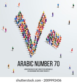 large group of people form to create the number 70 or Seventy in Arabic. People font or Number. Vector illustration of Arabic number 70.