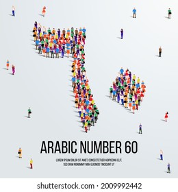 large group of people form to create the number 60 or Sixty in Arabic. People font or Number. Vector illustration of Arabic number 60.