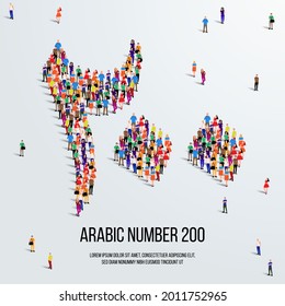 large group of people form to create the number 200 or Two Hundred in Arabic. People font or Number. Vector illustration of Arabic number 200.
