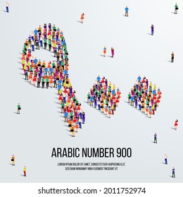 un gran grupo de personas se forman para crear el número 900 o 900 en árabe. Tipo de letra o número de personas. Ilustración vectorial del número árabe 900.