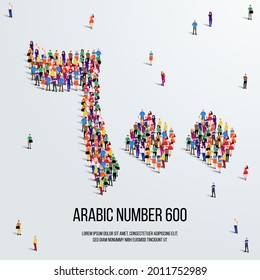 large group of people form to create the number 600 or Six Hundred in Arabic. People font or Number. Vector illustration of Arabic number 600.