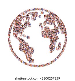 Large group of people in form of Earth planet. Planet Earth day or Environment day concept. People standing together. A crowd of male and female characters. Flat vector illustration 