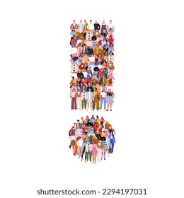 Large group of people in form of exclamation mark sign. Caution symbol. Warning hazard sign. People standing together. A crowd of male and female characters. Flat vector illustration 