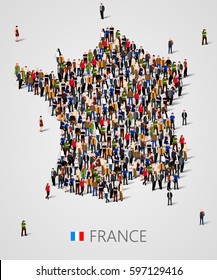 Large group of people in form of France map. Population of France or demographics template. Background for presentation. Vector illustration