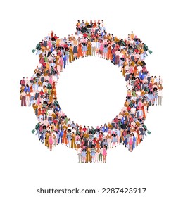 Large group of people in the form of gear wheel. Time management and productivity concept. People standing together. A crowd of male and female characters. Flat vector illustration 