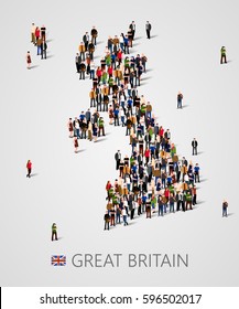 Large group of people in form of Great Britain map with infographics elements. United kingdom map. Background for presentation. Vector illustration