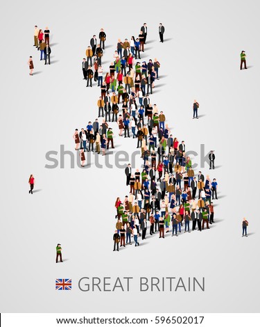 Large group of people in form of Great Britain map with infographics elements. United kingdom map. Background for presentation. Vector illustration